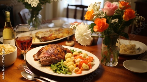 Dinner table during the easter holiday. Celebration of the Christian holiday easter. Diner table on a religious day. Beautiful lunch table decorated for the holy day of easter celebration.