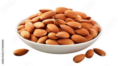 Bowl full of almonds isolated on white background, transparent PNG background