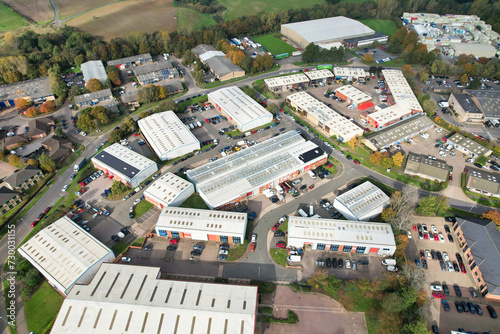 An Aerial View of Warehouse Buildings at Business Retail Park at Northampton City of England, UK, October 25th, 2023
