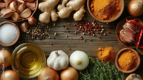 A wooden kitchen table covered with ingredients, including onions, fresh ginger and garlic, red chili powder, turmeric powder, vegetable oil , Salt, pepper corns, Top view. Generative AI.