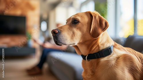 golden Labrador dog with a black smart collar, looking to the side. In the background, there's a blurred living room with a person sitting