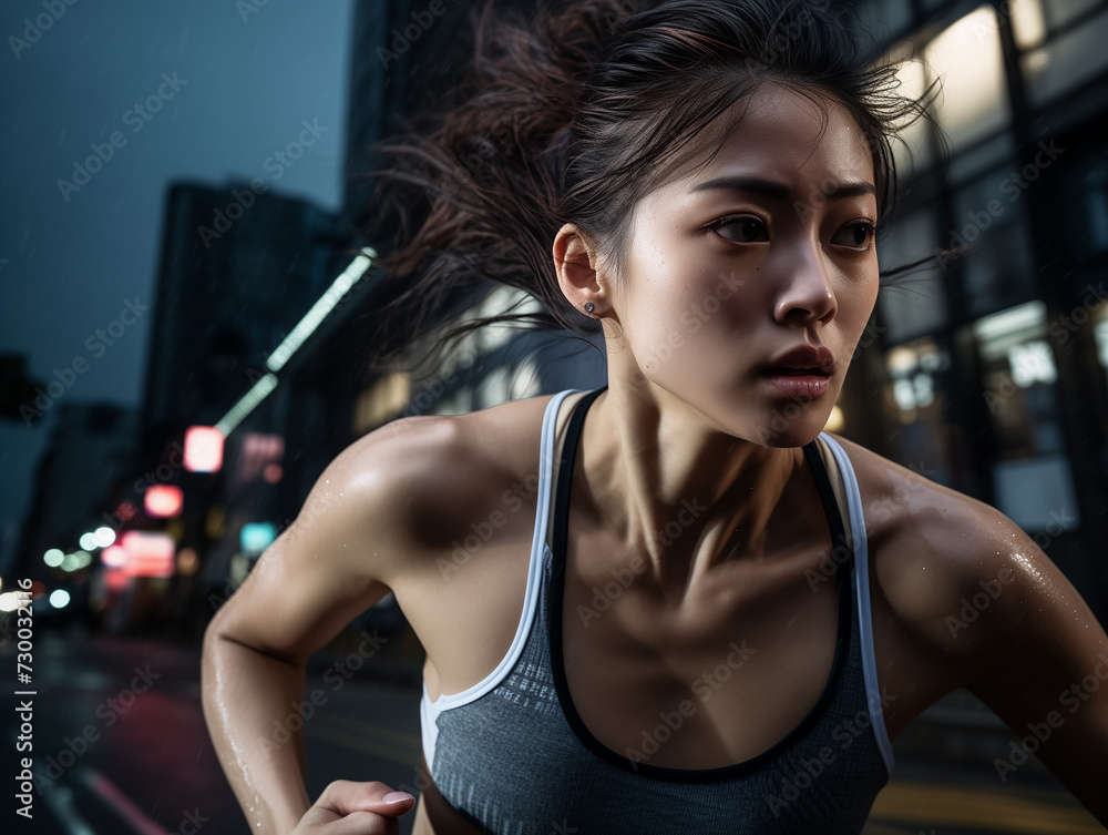 Portrait of a young asian woman in sportswear running outdoors