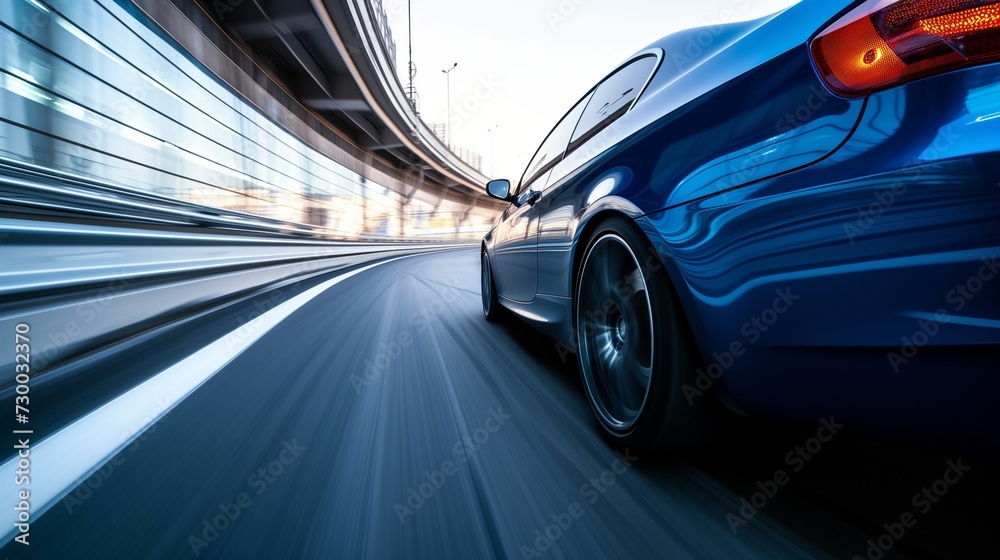 A thrilling scene unfolds as a blue business car speeds through a turn on a high-speed highway 