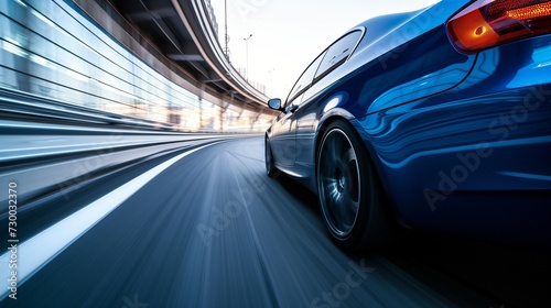 A thrilling scene unfolds as a blue business car speeds through a turn on a high-speed highway 