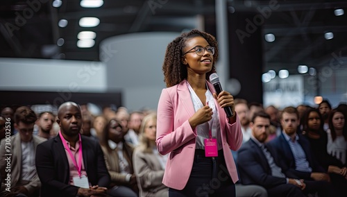An African American businesswoman delivers a compelling speech at a public event.