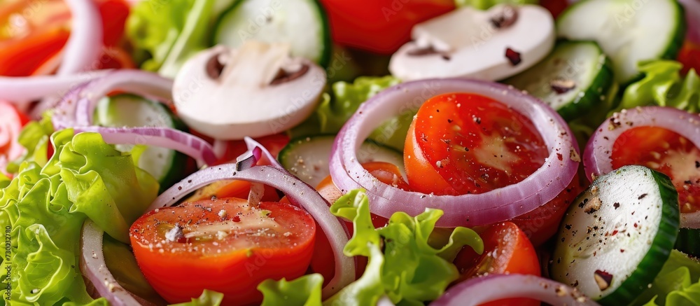 Onion, mushroom, tomato, and cucumber make up the garden salad. Onion, mushroom, tomato, and cucumber make up the garden salad.