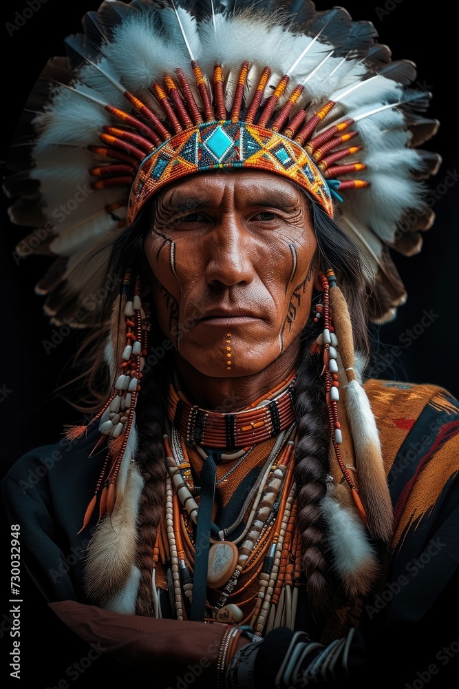Native American Indian with traditional clothing and Turquoise jewelry, dark black background. Generative AI.