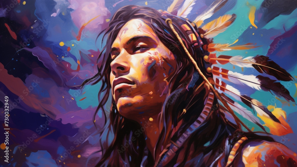 male native American, vibrant portrait, swirling color. man, a warrior in an ethnic costume with feathers. indian. colorful illustration.