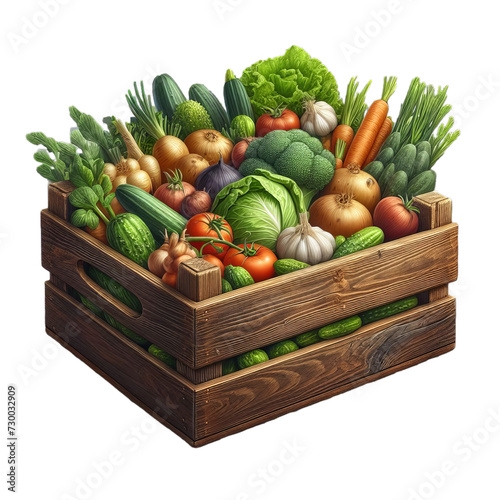 Wooden crate with fresh vegetables isolated on transparent or white background, png