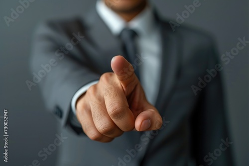 Modern futuristic businessman pointing his finger up pressing an empty virtual touch screen, Businessman finger point to empty space. Generative AI.