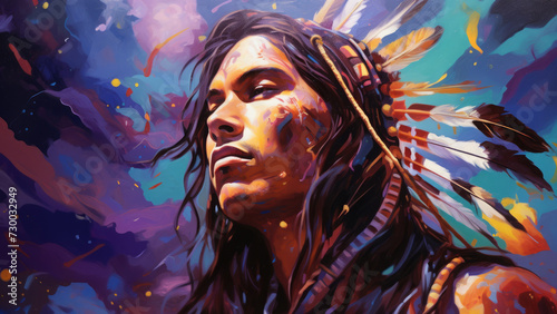 male native American  vibrant portrait  swirling color. man  a warrior in an ethnic costume with feathers. indian. colorful illustration.