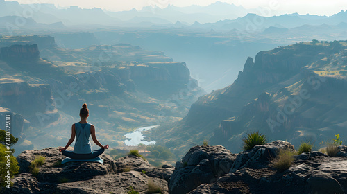 A yoga session on a mountaintop, with the vast landscape as the background, during a refreshing morning