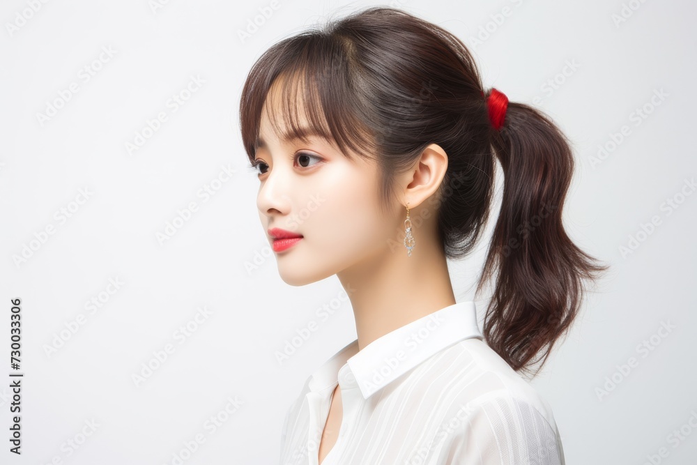 Elegant Asian Executive, Graceful and confident, an Asian businesswoman office woman shines in a captivating portrait set against a clean white background. Generative AI. Elegant Asian Executive, Graceful and confident, an Asian businesswoman office woman shines in a captivating portrait set against a clean white background. Generative AI.