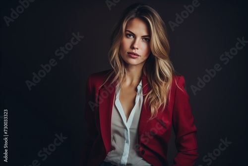 Portrait of a beautiful blonde woman in a red jacket on a dark background