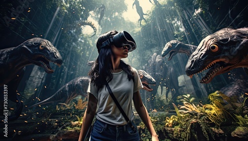 wearing a virtual reality headset and real dinosaurs. VR glasses