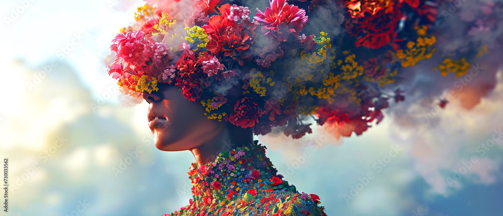  Surreal abstract image of a woman with flowers on her head and colored smoke, summer abstract background