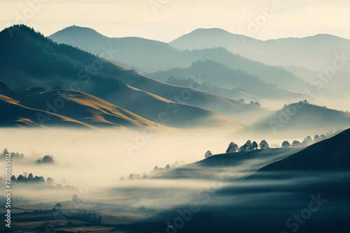 Hilly landscape with fog. Beautiful nature with hilly terrain. Landscape with sparse trees on slopes