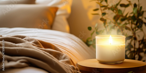 Wooden table with candle near bed. Empty bedstead and houseplant in bedroom. Crumpled bed linen hangs from bunk