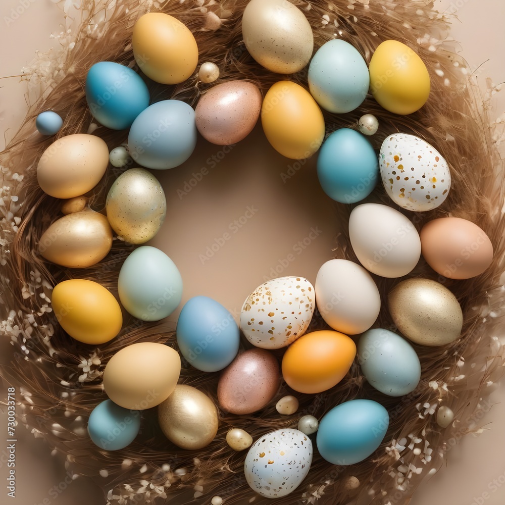 easter eggs and flowers. top view. flat layout style. minimalist pastel background with copy space easter eggs and flowers. top view. flat layout style. minimalist pastel background with copy space