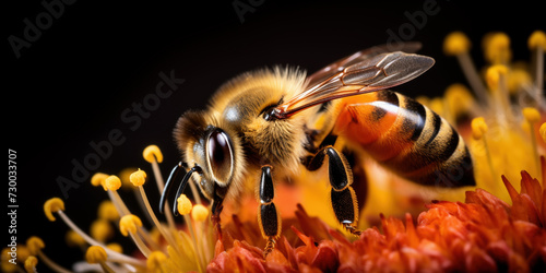 Bee collects nectar from flowers. Striped bumblebee sits on bud. Close up of bee on dark background © Grispb