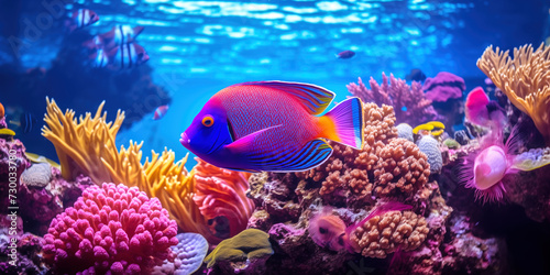 Ocean underwater world with fish and corals. Underwater landscape with sea animals. Fish swimming in aquarium