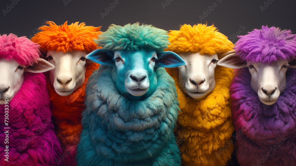 Multi-colored sheep stand in row and look at screen. Sheep wool is dyed in different colors. Livestock