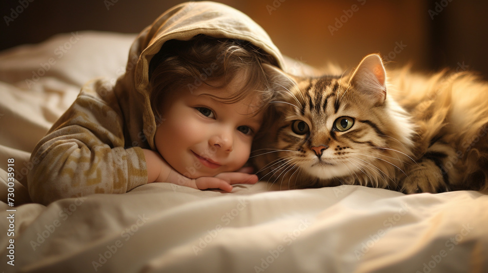 Small child lies on a bed with a cat. Kitten and baby childhood friendship. Baby and cat. Child and Kitten lying together on the bed Small child lies on a bed with a cat. Kitten and baby childhood friendship. Baby and cat. Child and Kitten lying together on the bed