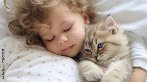 Small child lies on a bed with a cat. Kitten and baby childhood friendship. Baby and cat. Child and Kitten lying together on the bed