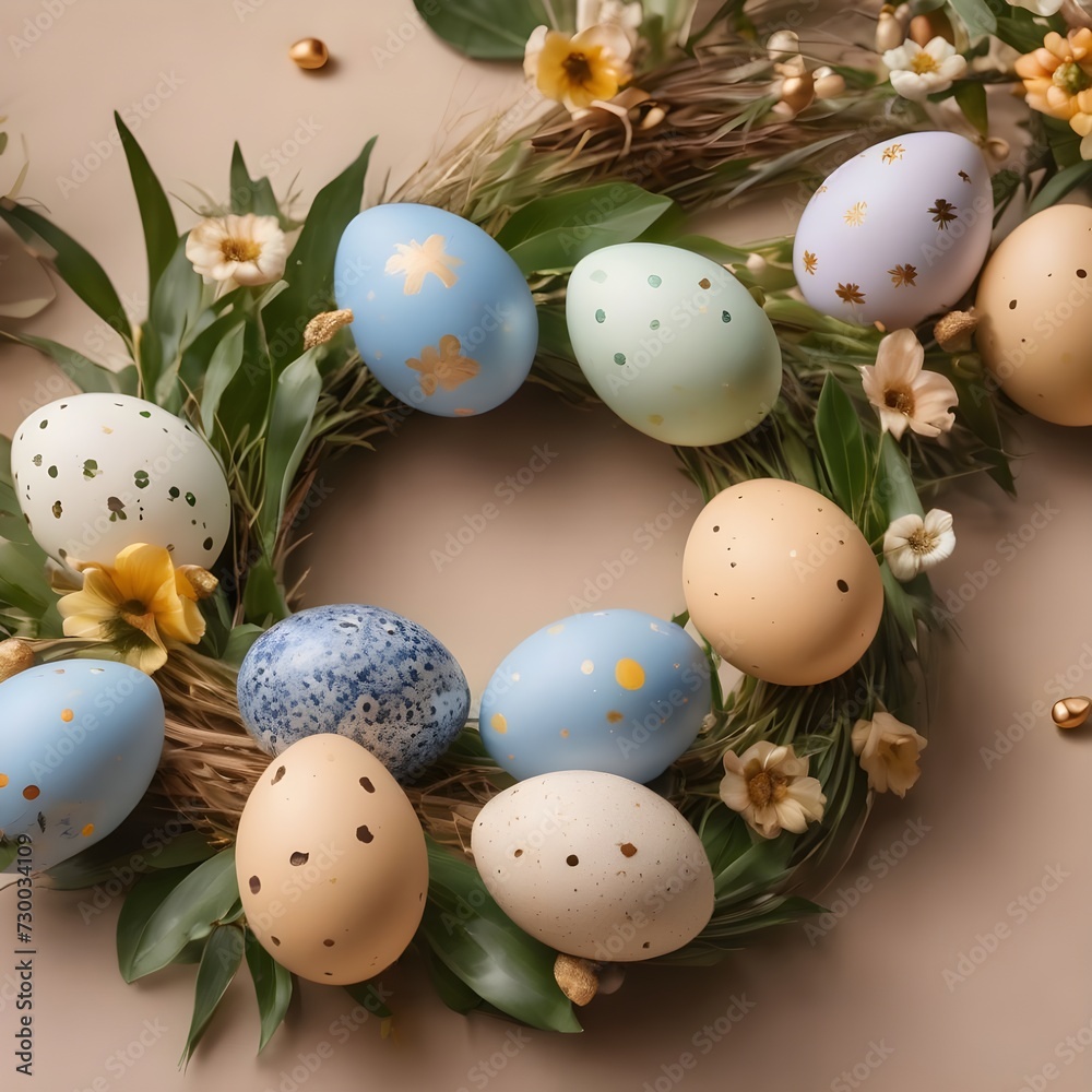 easter eggs and flowers. top view. flat layout style. minimalist pastel background with copy space easter eggs and flowers. top view. flat layout style. minimalist pastel background with copy space