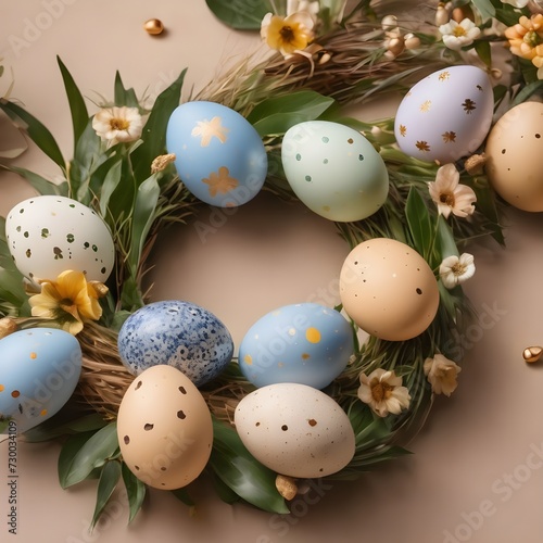 easter eggs and flowers. top view. flat layout style. minimalist pastel background with copy space