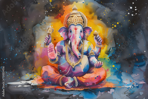 Ganesha, Hinu God, Watercolor Illustration, Generative AI © Vig