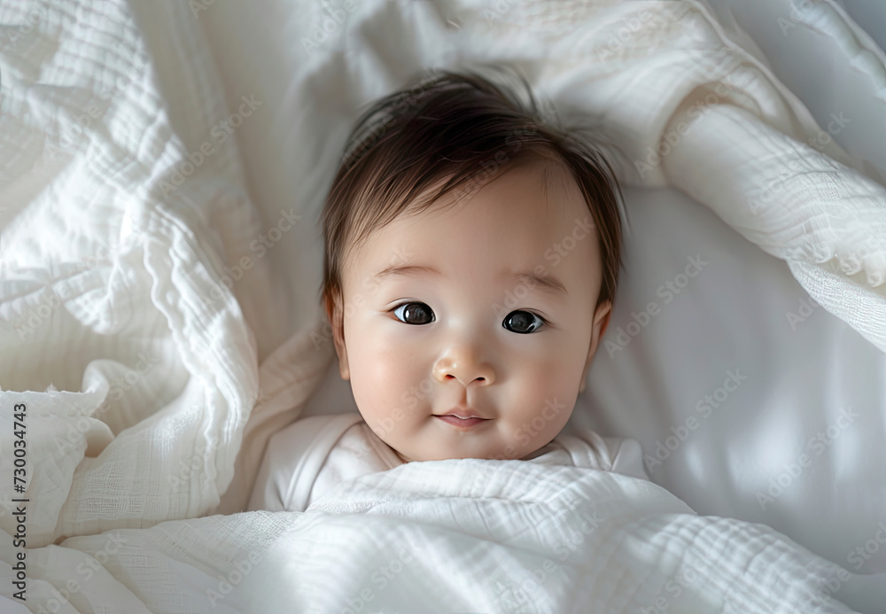 Baby in bed looking at the camera top view