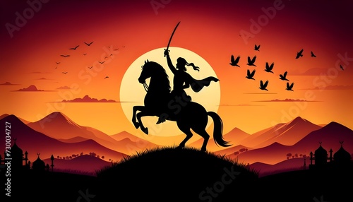 Silhouette of a indian warrior shivaji maharaj on horse at sunset in flat style.