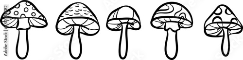 Retro fantasy mushroom line art illustration, clip art set