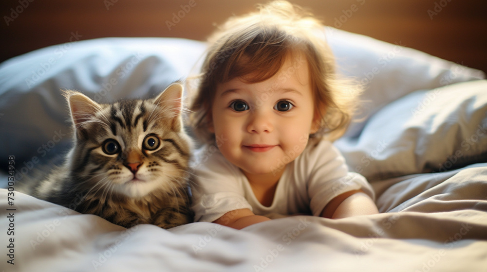 Small child lies on a bed with a cat. Kitten and baby childhood friendship. Baby and cat. Child and Kitten lying together on the bed Small child lies on a bed with a cat. Kitten and baby childhood friendship. Baby and cat. Child and Kitten lying together on the bed