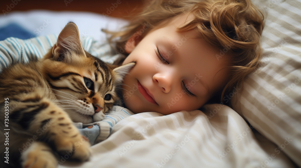 Small child lies on a bed with a cat. Kitten and baby childhood friendship. Baby and cat. Child and Kitten lying together on the bed Small child lies on a bed with a cat. Kitten and baby childhood friendship. Baby and cat. Child and Kitten lying together on the bed
