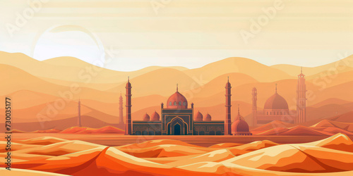 Mosque in a desert landscape. Traditional Islamic architectural mosque with domes. Silhouette of a mosque on the background of desert and mountains