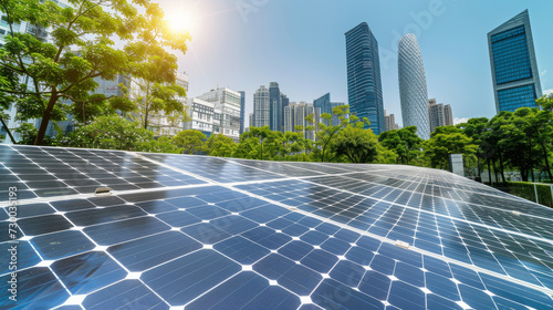 Solar panels fill the foreground in an urban setting, with the silhouette of modern skyscrapers rising in the background under a clear blue sky. Sustainable energy electrical power generation concept.