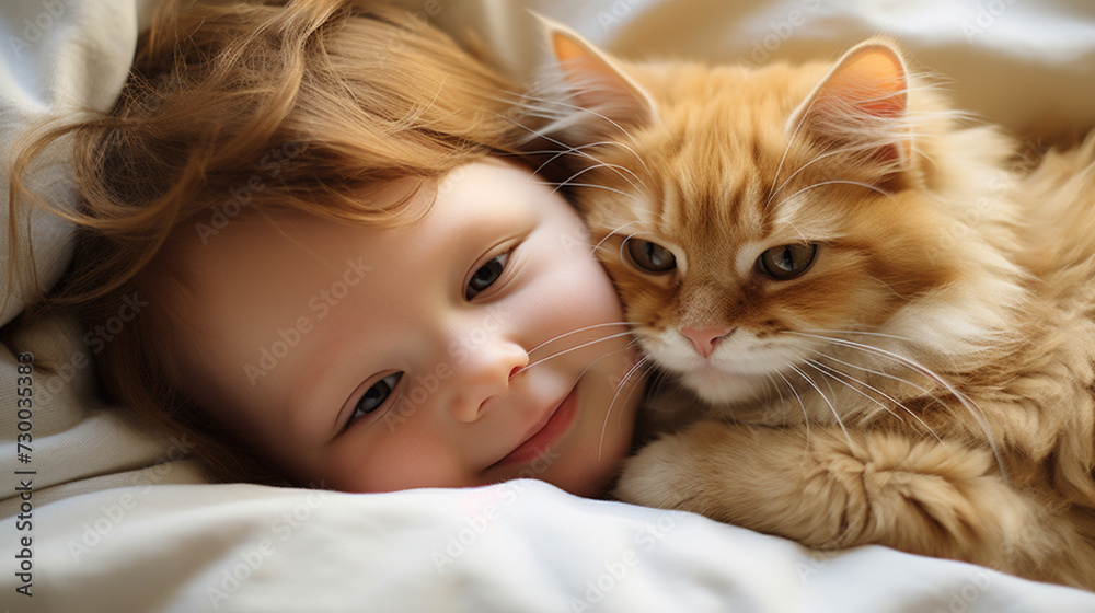 Small child lies on a bed with a cat. Kitten and baby childhood friendship. Baby and cat. Child and Kitten lying together on the bed Small child lies on a bed with a cat. Kitten and baby childhood friendship. Baby and cat. Child and Kitten lying together on the bed