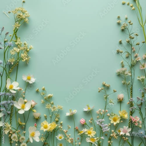 flowers on mint background with space for text.