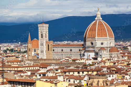 View of the Renaissance Duomo from Piazzale Michelangelo in the city of Firenze Florence, Italy.