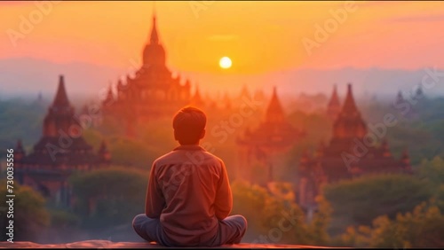 An ancient pagoda in Bagan, Mandalay, Myanmar, and a tourist watching the Bagan pagoda landscape at sunrise  photo
