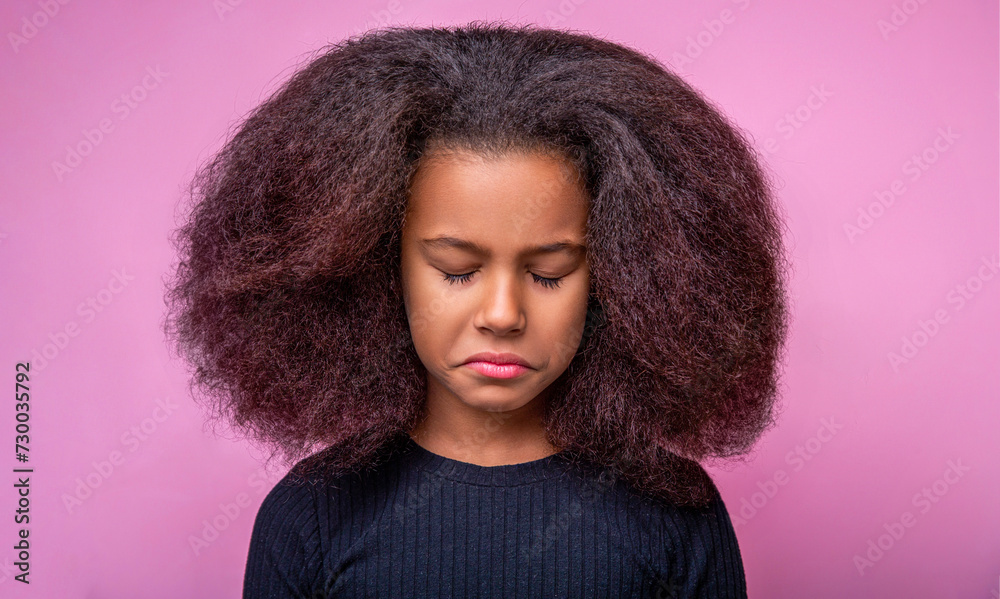 Portrait upset little african american. Emotions and sorrow, bad mood, being sad, unhappy. Sad offended american girl cries. Little unhappy afro girl. Alone and scared, sad depressed children crying - obrazy, fototapety, plakaty 