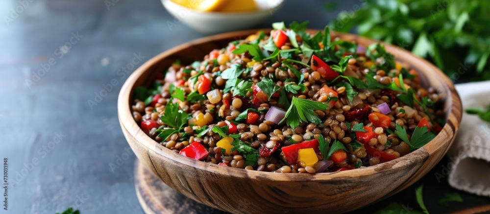Delicious homemade Mediterranean lentil salad with lentils, peppers, sun dried tomato, and parsley. Delicious homemade Mediterranean lentil salad with lentils, peppers, sun dried tomato, and parsley.