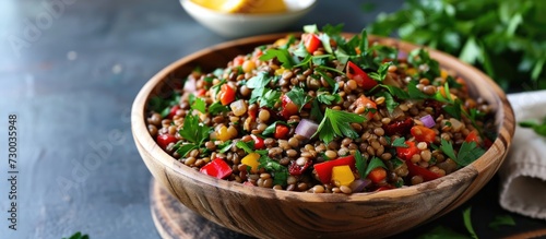 Delicious homemade Mediterranean lentil salad with lentils, peppers, sun dried tomato, and parsley. photo
