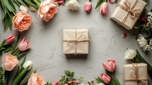 Mother's Day surprise gift concept. tulip flowers. Top view flat lay of pretty present boxes with ribbon. Generative AI.