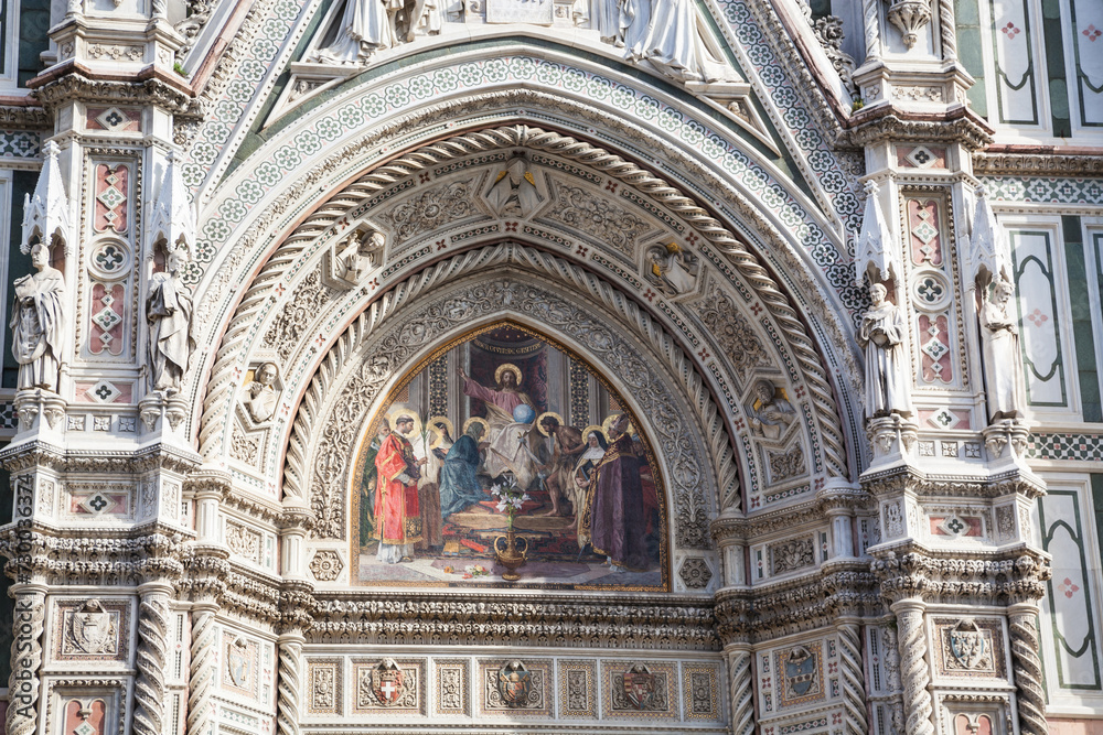 Basilica di Santa Maria del Fiore or Duomo in Florence, Italy. Scaffolding, medieval.