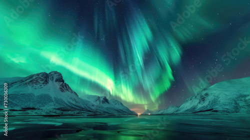Stunning Aurora Borealis in bright colors over a serene snowy mountain landscape, northern lights streaming down the towering peaks © boxstock production