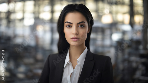 A professional woman in a business suit stands confidently in an office environment, her identity concealed for privacy. The blurred background suggests a busy, dynamic workplace setting