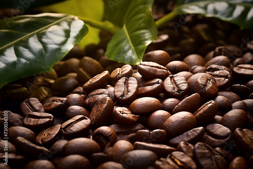 Coffee beans with leaves or leaf, plant and nature. Food, hot drink, beverage and cafes, coffee house and coffee shop photo